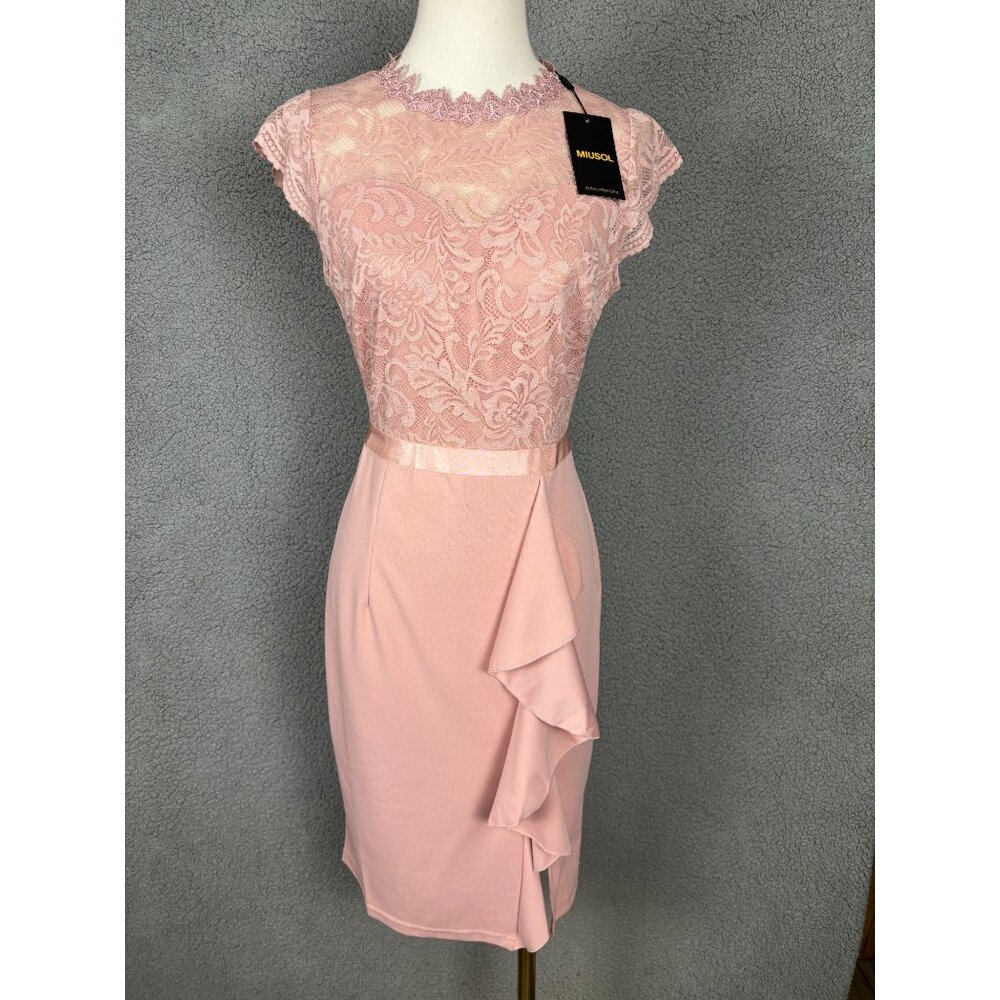 Miusol Women's Pink / Mauve Lace Chiffon Cocktail Dress Ruffle Detail Small NWTs